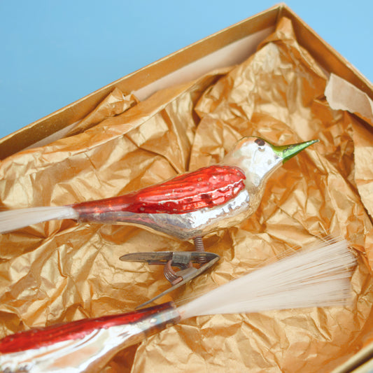 Vintage 1950s Glass Clip On Birds x2 Christmas Decorations In Box by Pineapple Retro