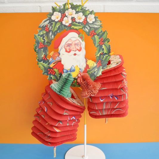 Vintage 1950s Honeycomb Paper Decorations - Santa Wreath/ Lanterns x2