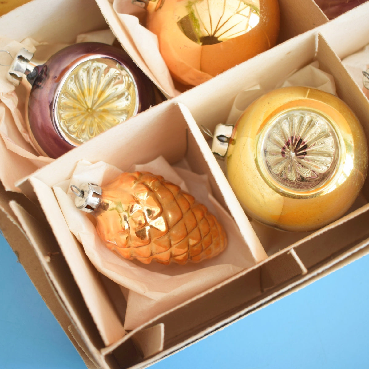 Vintage Larger 1960s Glass Christmas Baubles - Boxed - Plum & Gold by Pineapple Retro