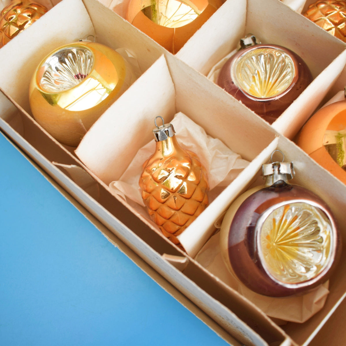 Vintage Larger 1960s Glass Christmas Baubles - Boxed - Plum & Gold by Pineapple Retro