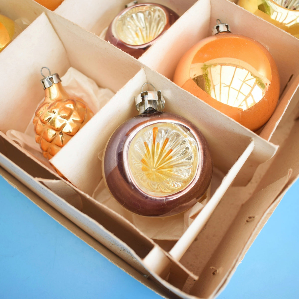 Vintage Larger 1960s Glass Christmas Baubles - Boxed - Plum & Gold by Pineapple Retro