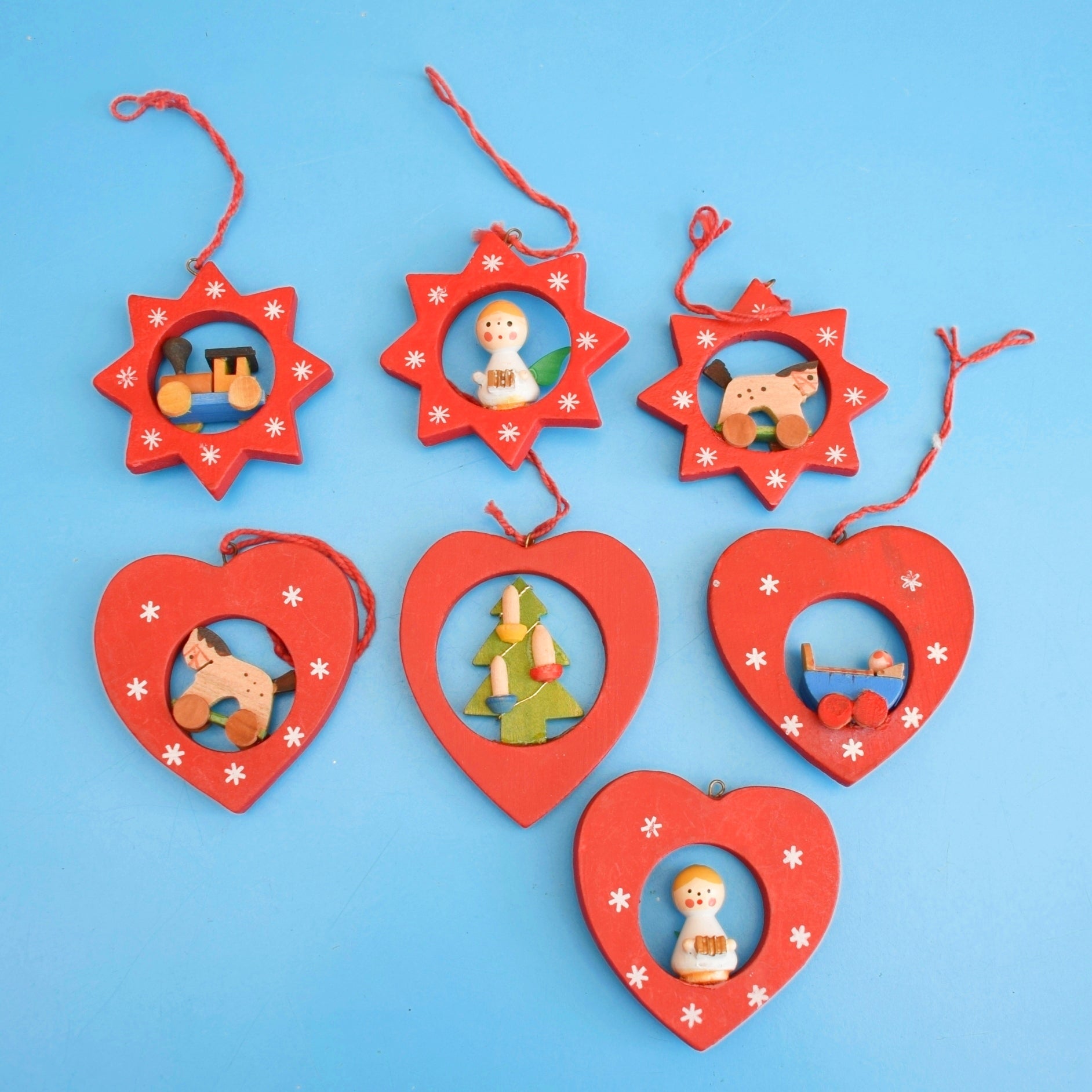 Vintage 1980s Wooden Christmas Decorations - Hearts / Stars x7