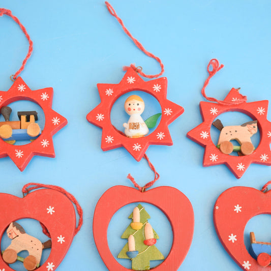 Vintage 1980s Wooden Christmas Decorations - Hearts / Stars x7
