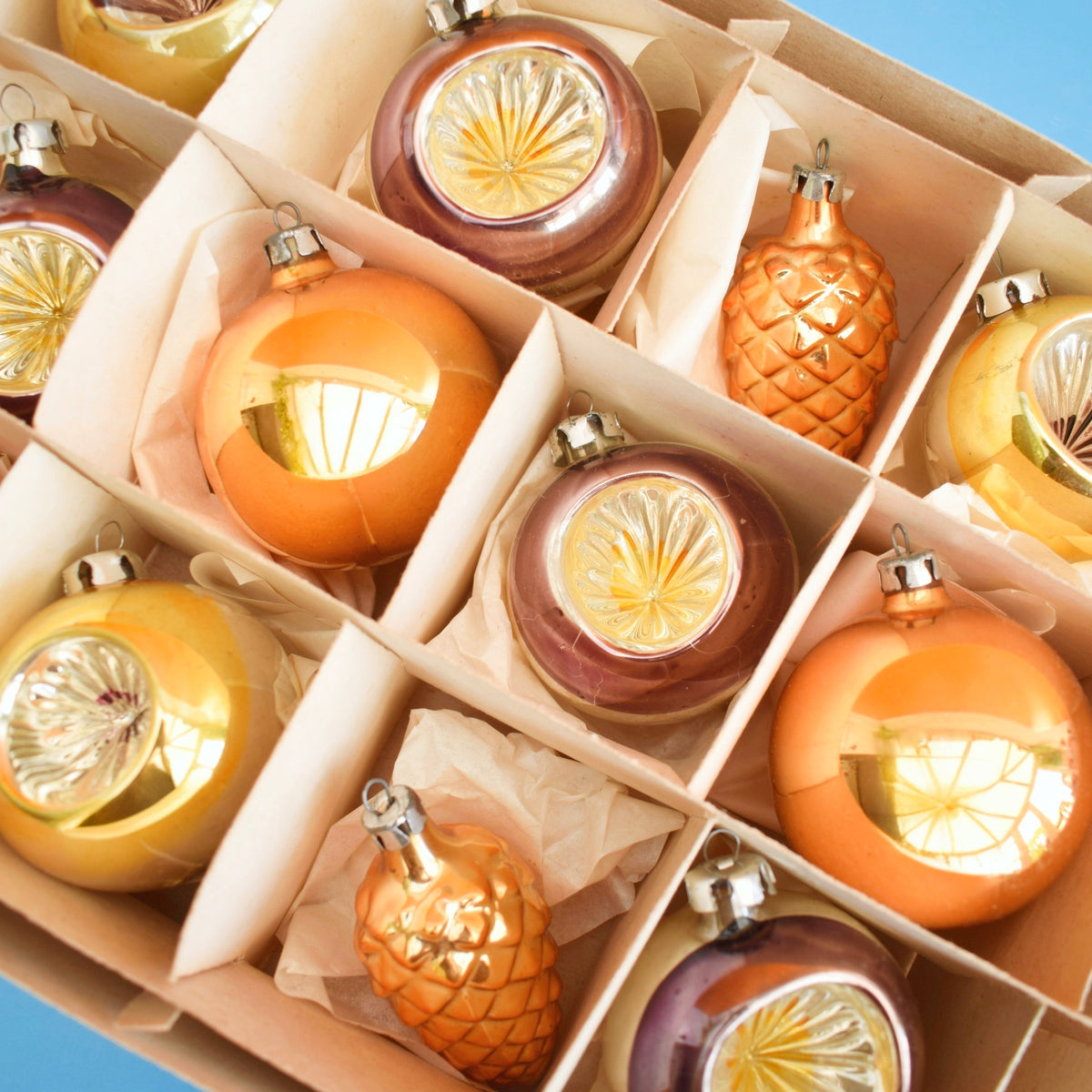Vintage Larger 1960s Glass Christmas Baubles - Boxed - Plum & Gold by Pineapple Retro