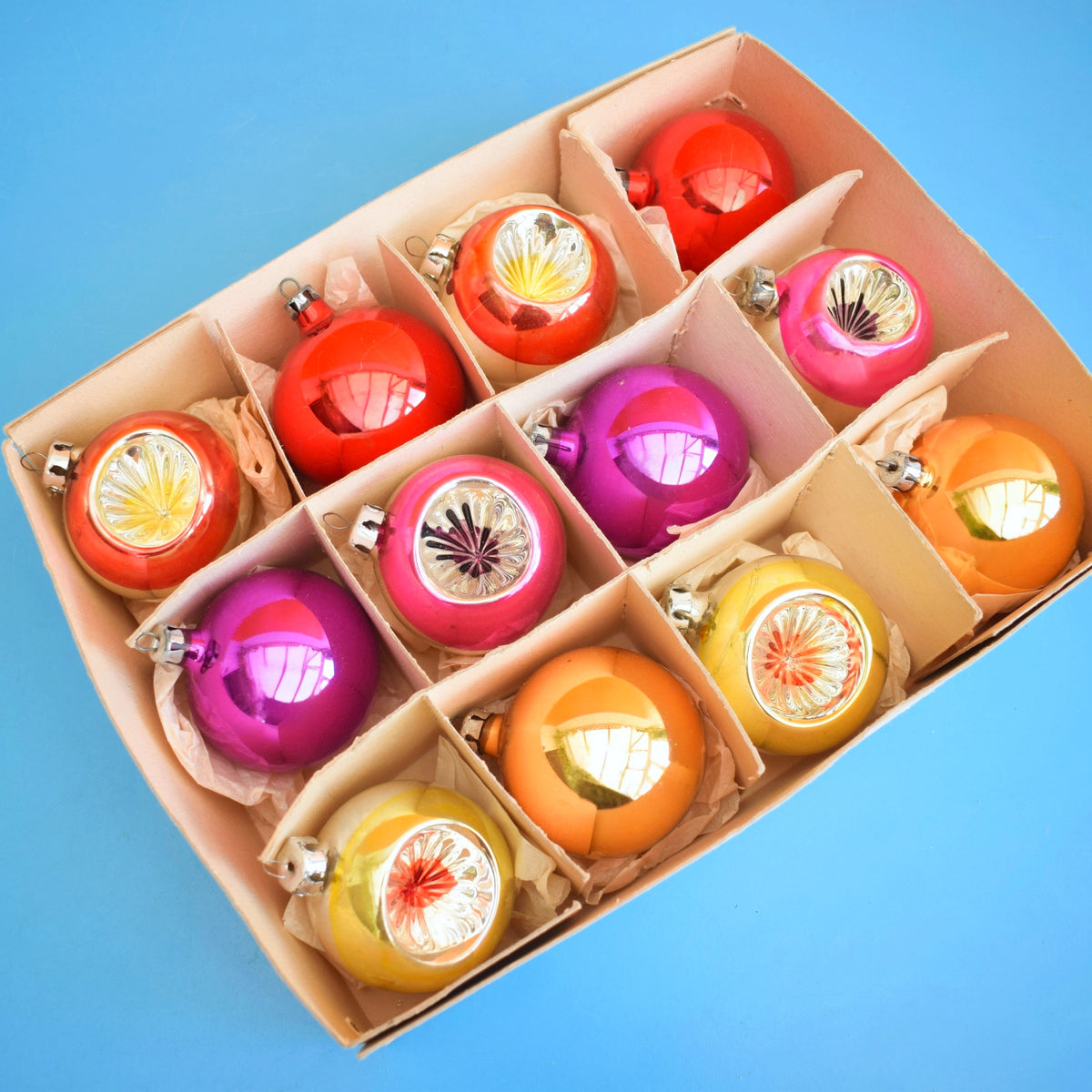 Vintage Larger 1960s Glass Christmas Baubles - Boxed - Pink, Red, Gold by Pineapple Retro