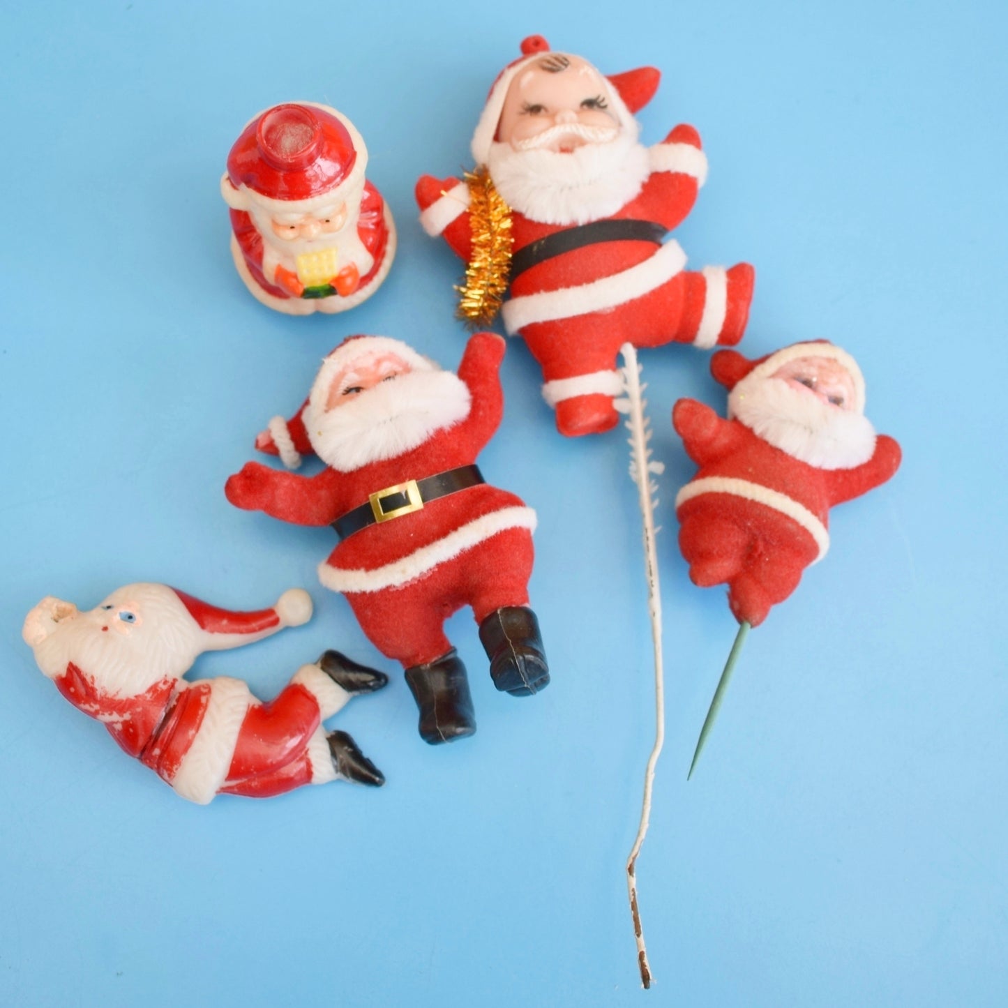 Vintage 1970s Kitsch Flocked Plastic Christmas Decorations - Santas