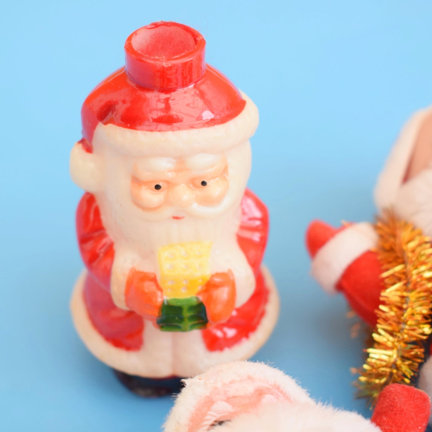 Vintage 1970s Kitsch Flocked Plastic Christmas Decorations - Santas