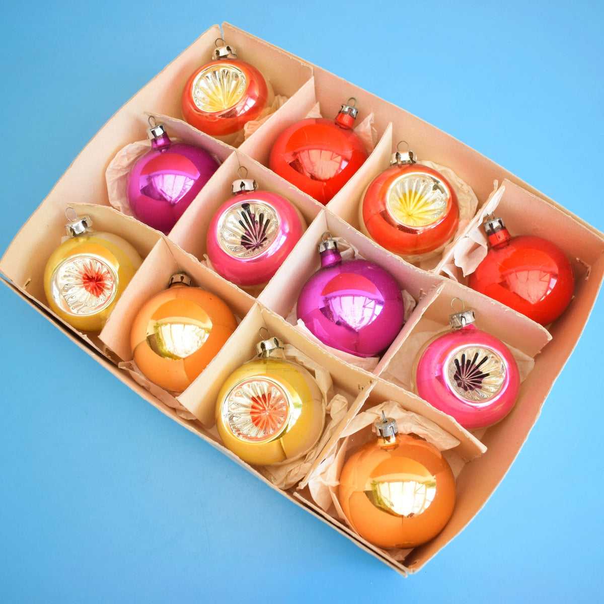 Vintage Larger 1960s Glass Christmas Baubles - Boxed - Pink, Red, Gold by Pineapple Retro