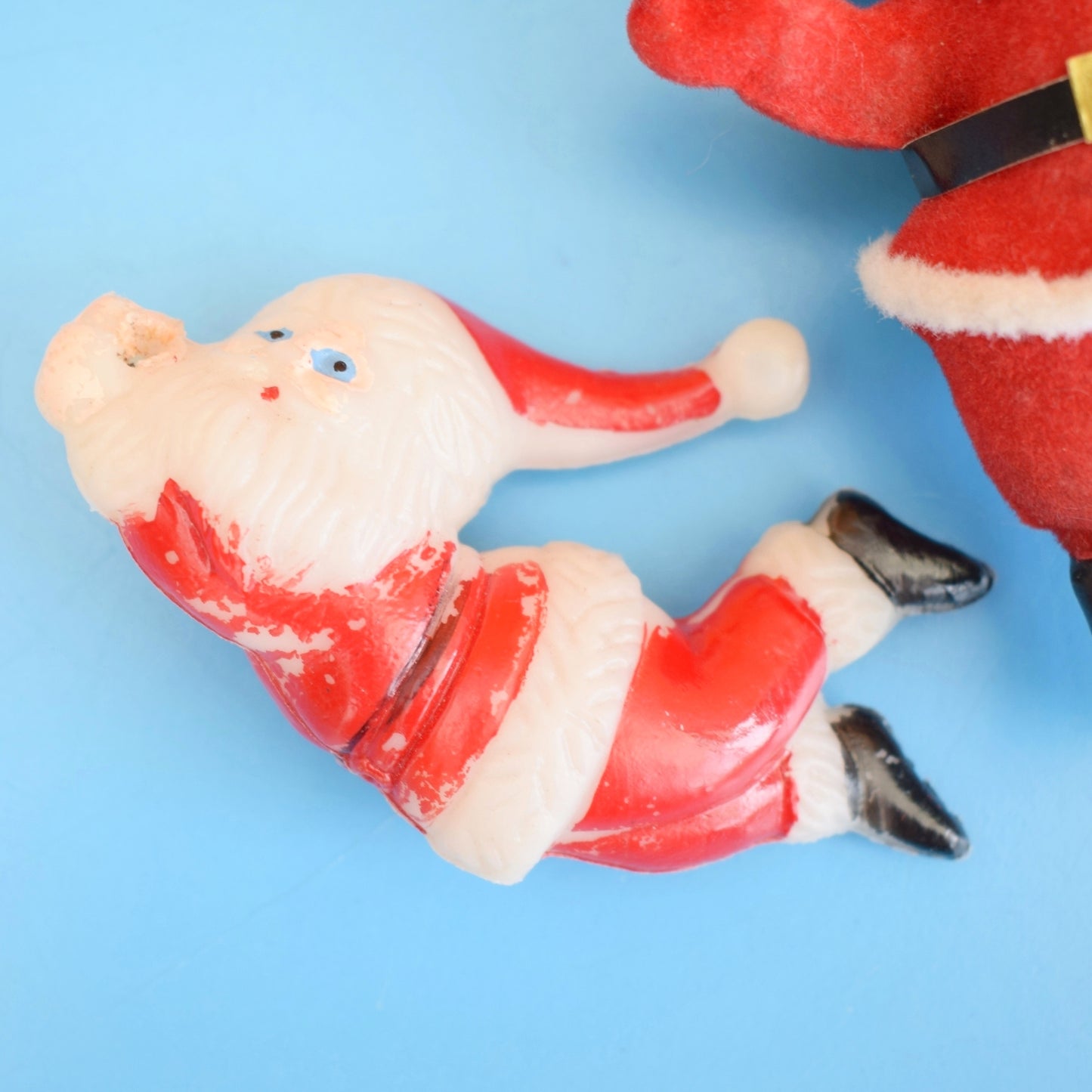 Vintage 1970s Kitsch Flocked Plastic Christmas Decorations - Santas