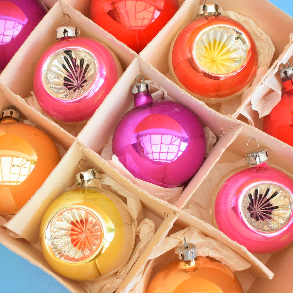 Vintage Larger 1960s Glass Christmas Baubles - Boxed - Pink, Red, Gold by Pineapple Retro