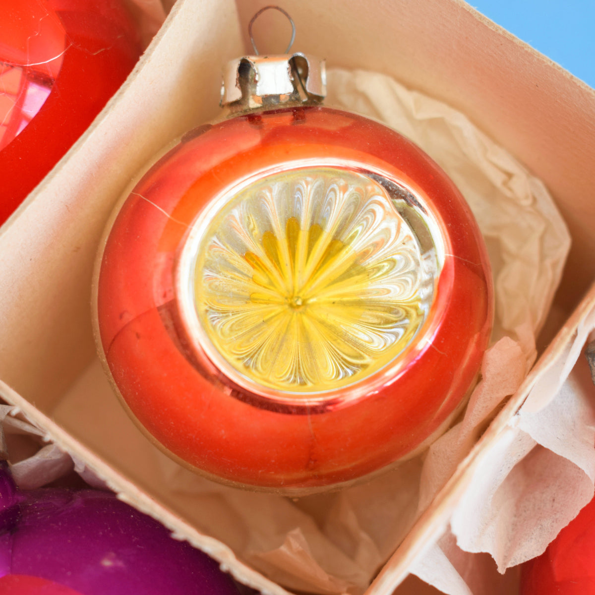 Vintage Larger 1960s Glass Christmas Baubles - Boxed - Pink, Red, Gold by Pineapple Retro