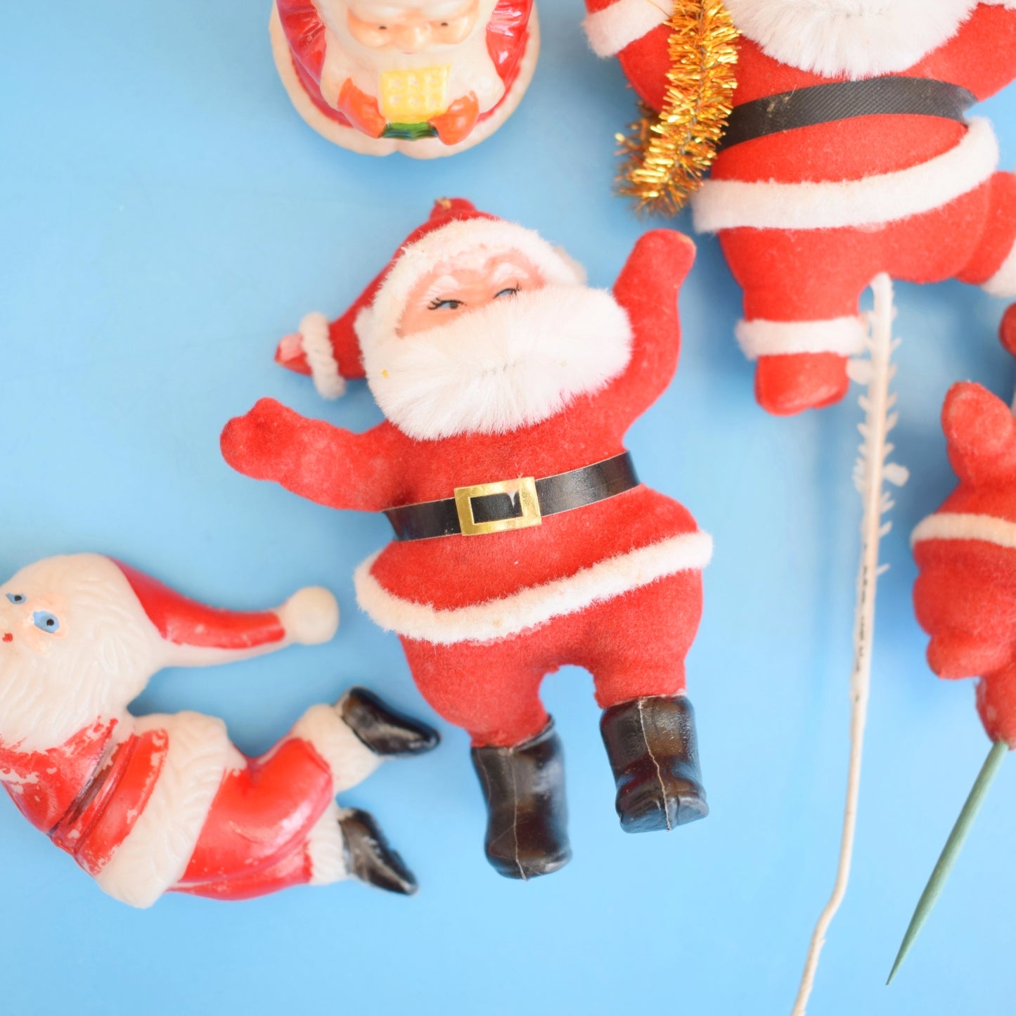 Vintage 1970s Kitsch Flocked Plastic Christmas Decorations - Santas