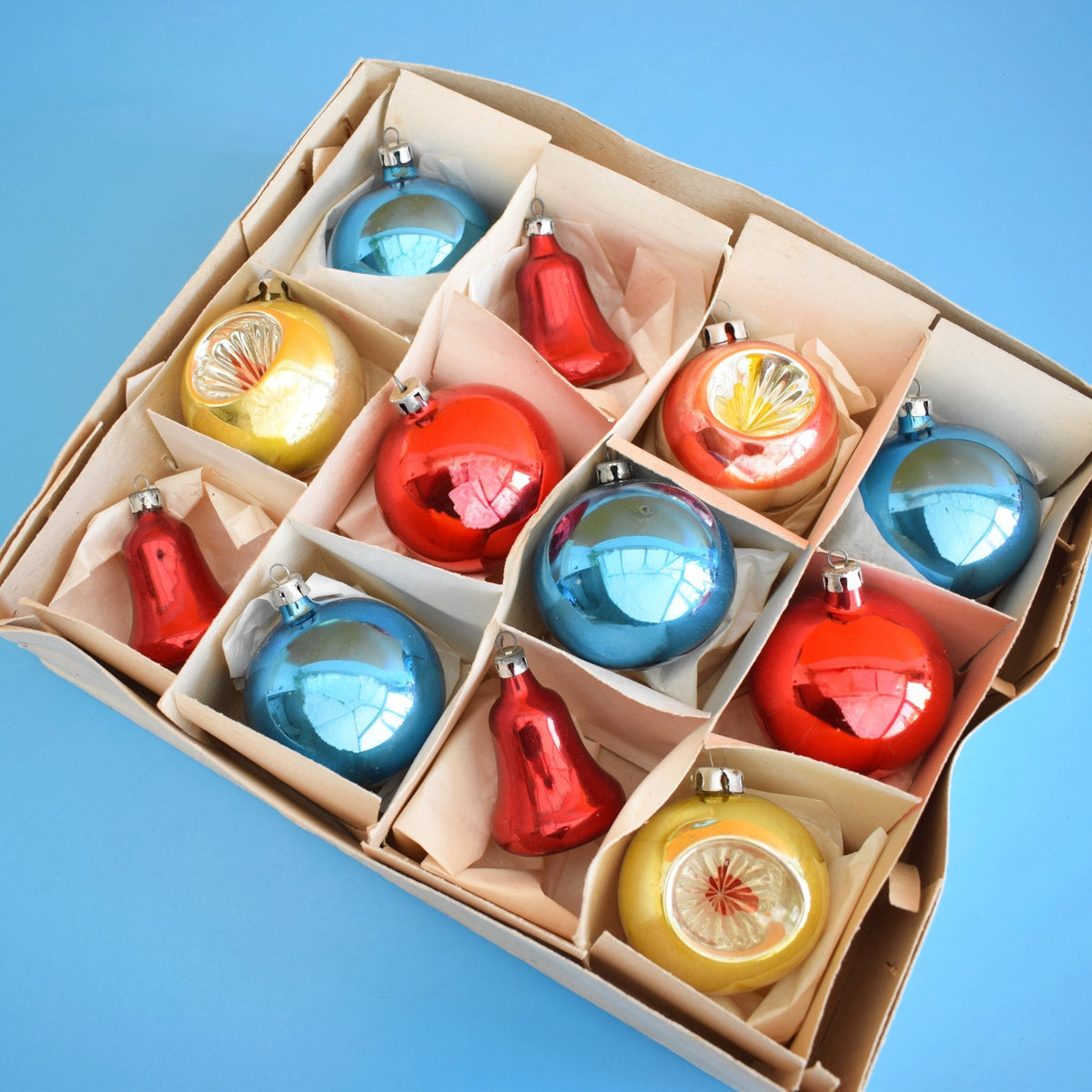 Vintage Larger 1960s Glass Christmas Baubles - Boxed - Red, Blue & Yellow by Pineapple Retro