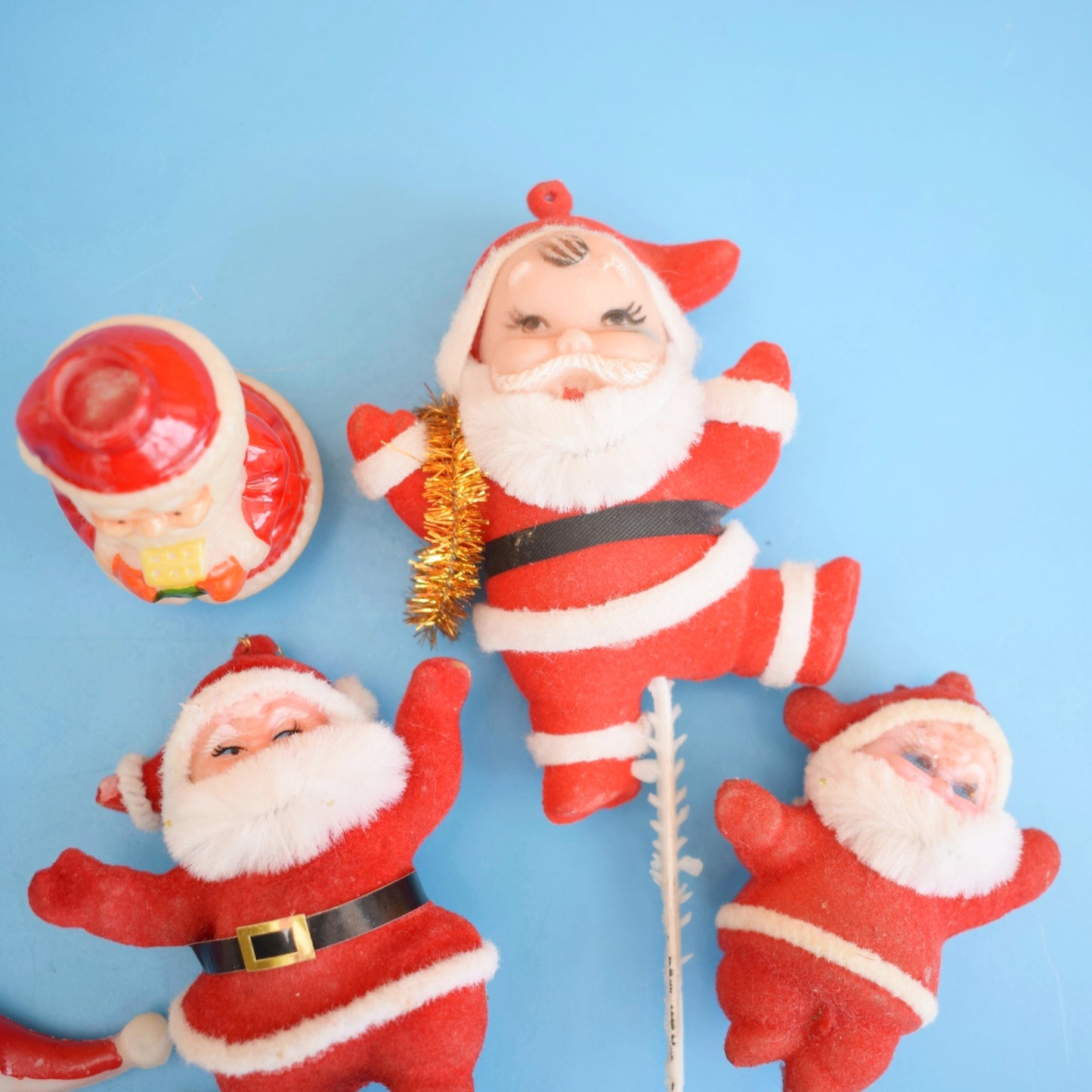 Vintage 1970s Kitsch Flocked Plastic Christmas Decorations - Santas