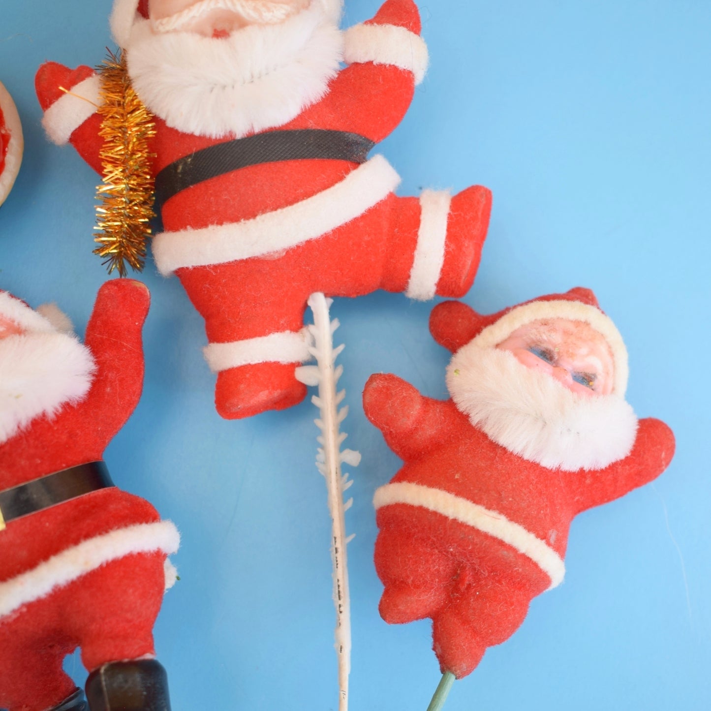 Vintage 1970s Kitsch Flocked Plastic Christmas Decorations - Santas