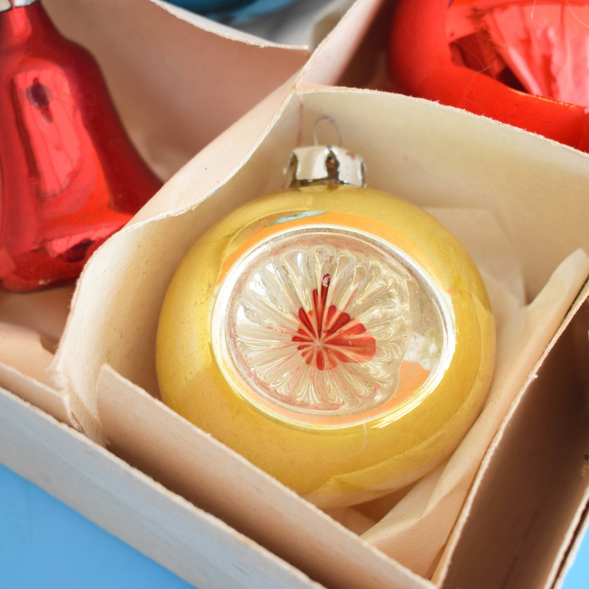 Vintage Larger 1960s Glass Christmas Baubles - Boxed - Red, Blue & Yellow by Pineapple Retro