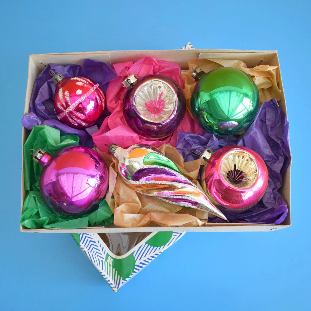Vintage Mixed 1960s Glass Christmas Baubles - Boxed - Pink, Purple & Green by Pineapple Retro