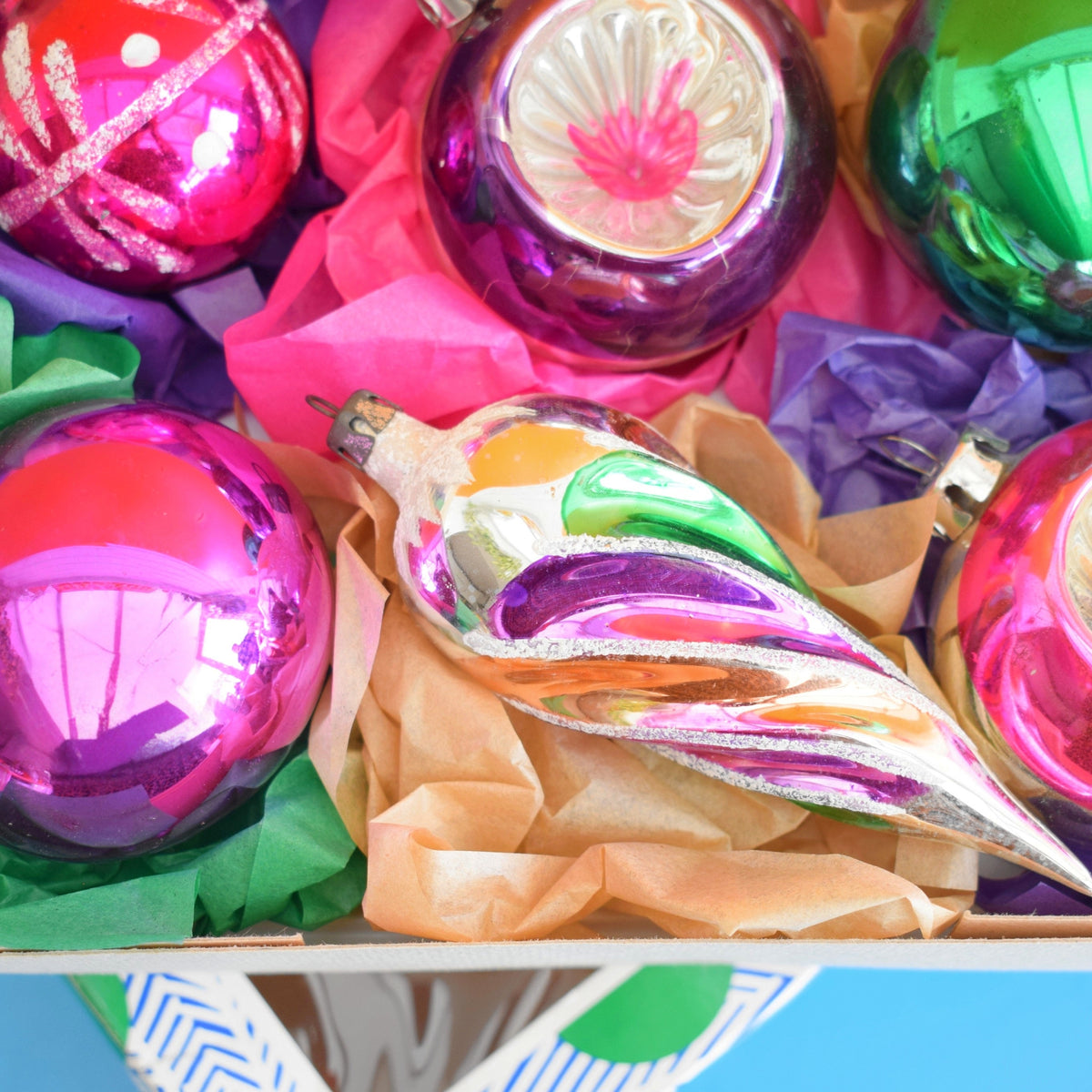 Vintage Mixed 1960s Glass Christmas Baubles - Boxed - Pink, Purple & Green by Pineapple Retro