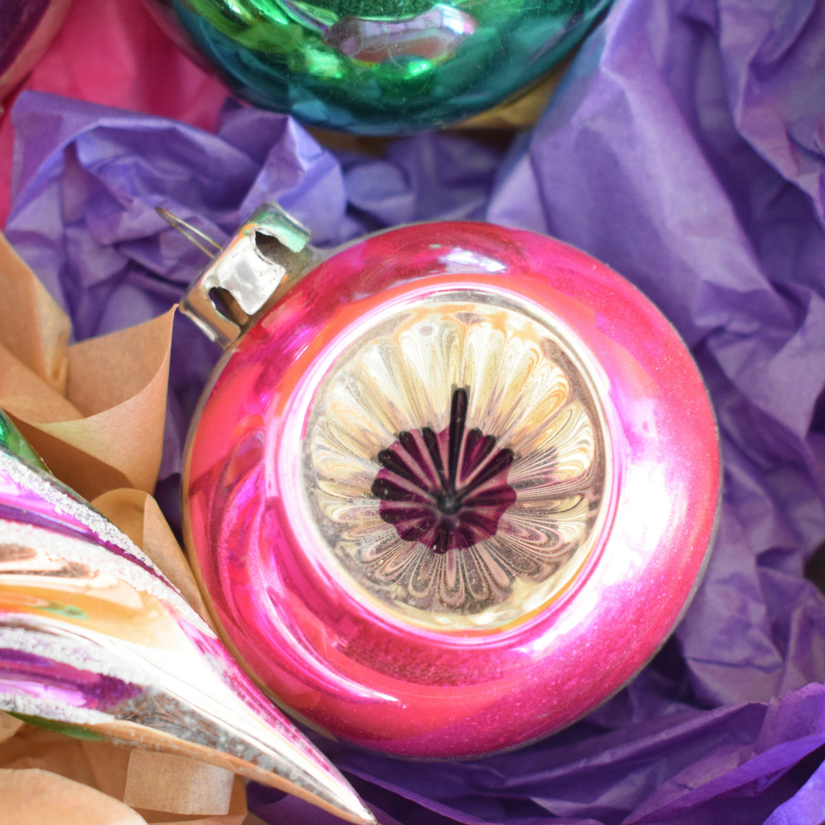 Vintage Mixed 1960s Glass Christmas Baubles - Boxed - Pink, Purple & Green by Pineapple Retro