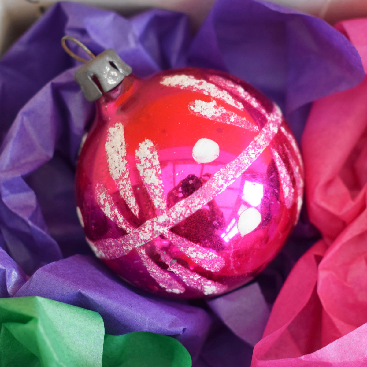 Vintage Mixed 1960s Glass Christmas Baubles - Boxed - Pink, Purple & Green by Pineapple Retro