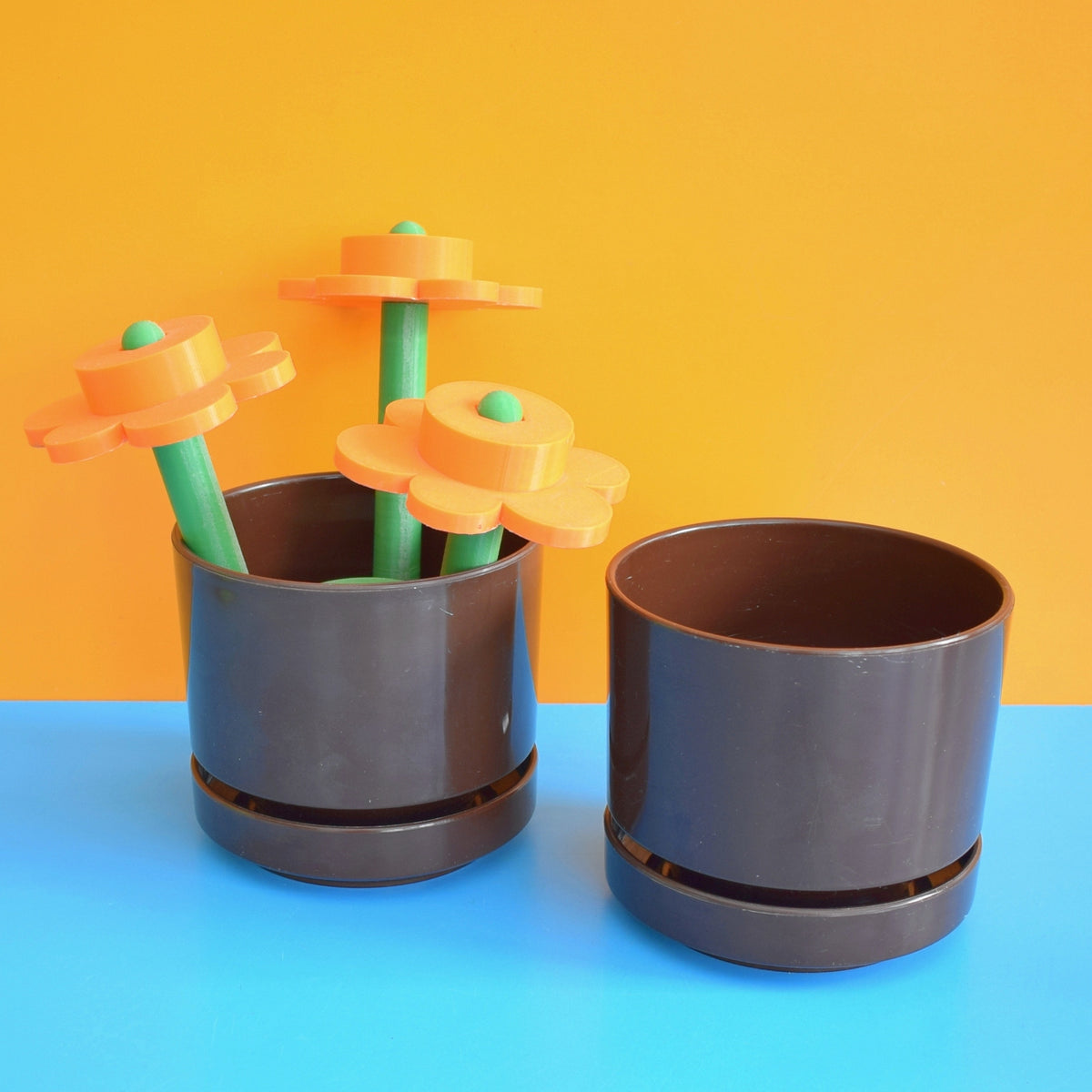 Vintage 1970s Plastic Planter Pair - Ingrid - Brown & Saucers by Vintage