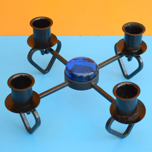 Vintage 1960s Candle Holder - Torsås Sweden - Metal Hearts & Blue Glass