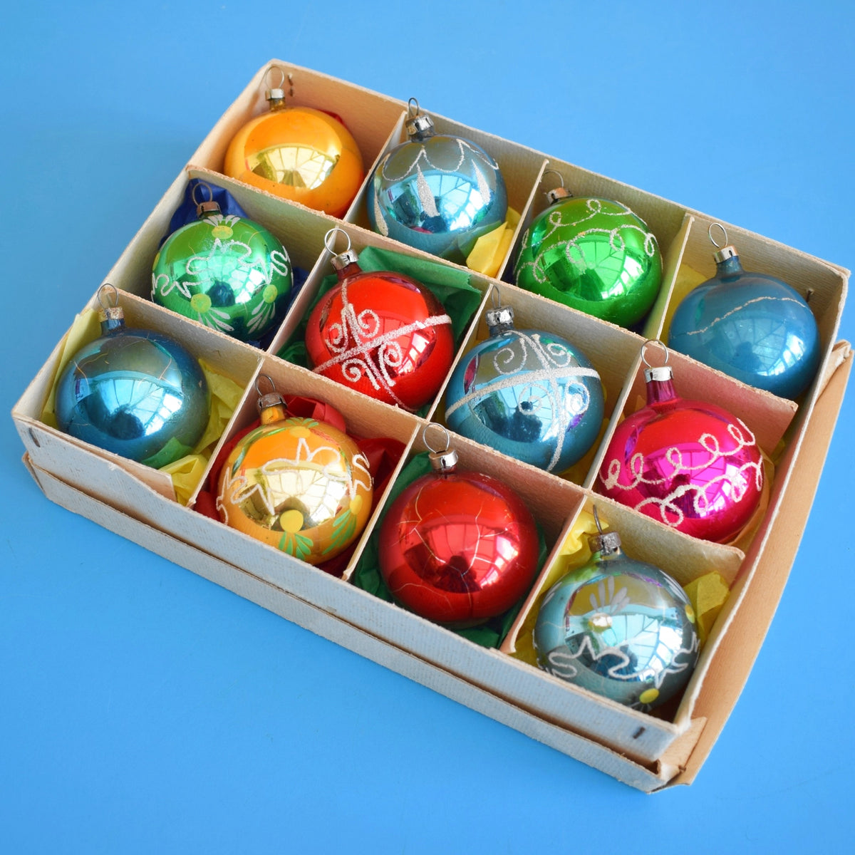 Vintage 1970s Medium Glass Christmas Baubles - Boxed - Mixed Colours by Pineapple Retro