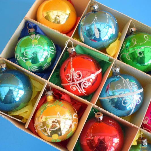 Vintage 1970s Medium Glass Christmas Baubles - Boxed - Mixed Colours by Pineapple Retro