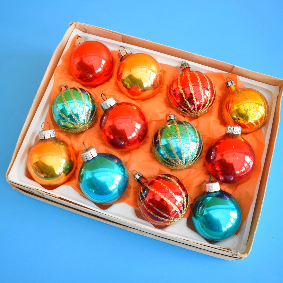 Vintage 1970s Glass Christmas Baubles - Boxed - Red, Turquoise & Gold by Pineapple Retro