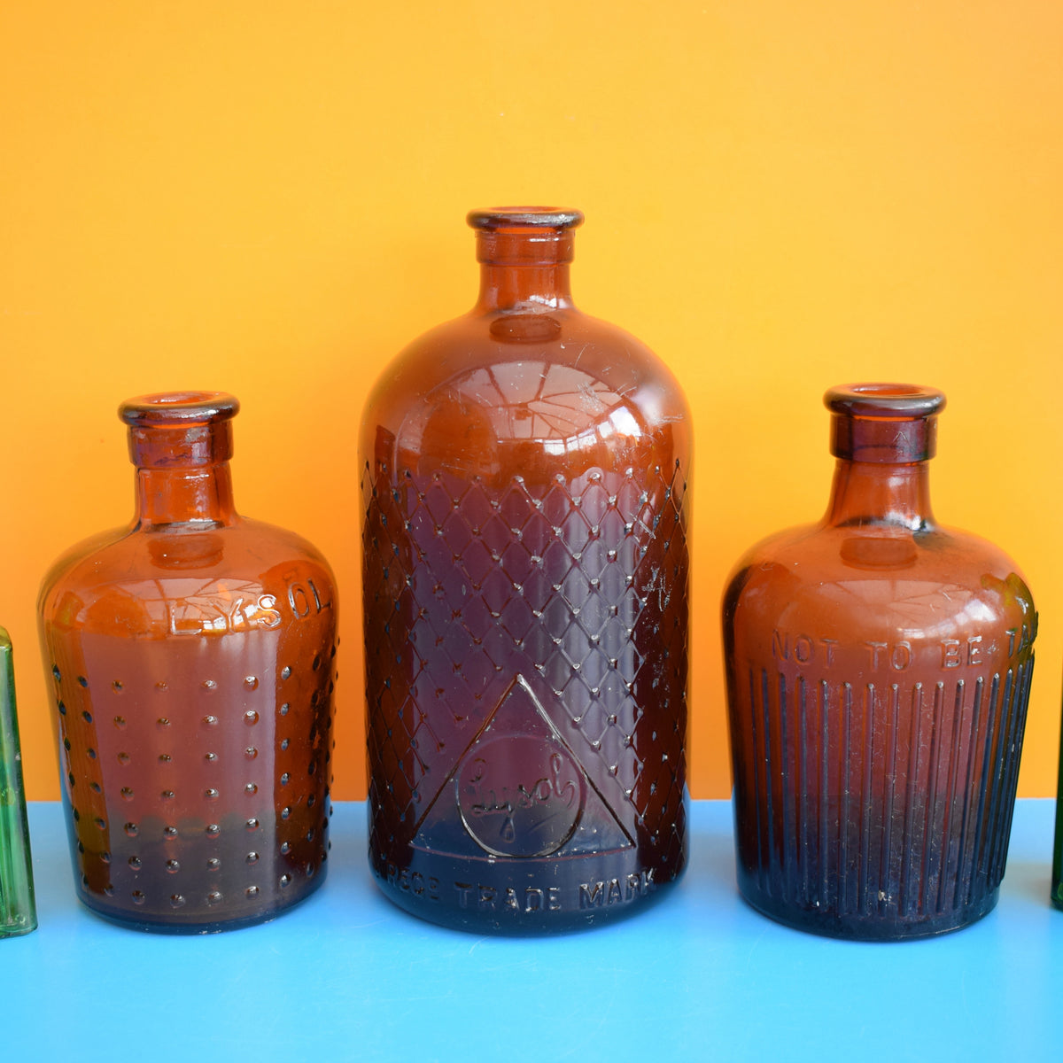 Vintage 1920s Glass Poison Bottles - Emerald Green / Amber - Halloween Prop by Vintage