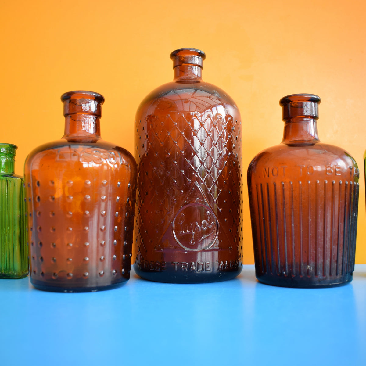 Vintage 1920s Glass Poison Bottles - Emerald Green / Amber - Halloween Prop by Vintage