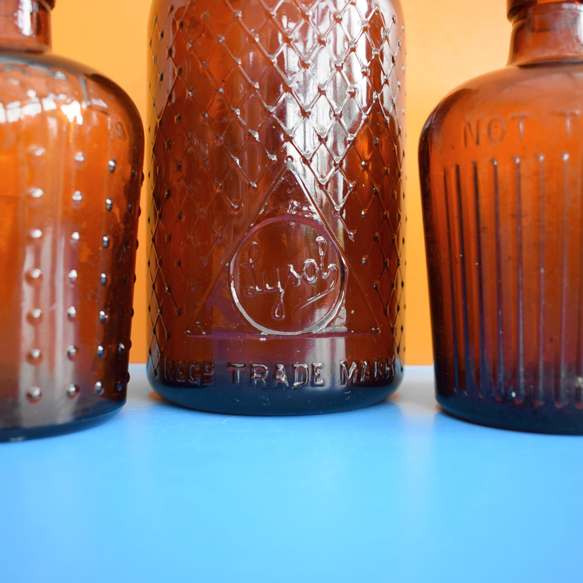 Vintage 1920s Glass Poison Bottles - Emerald Green / Amber - Halloween Prop by Vintage