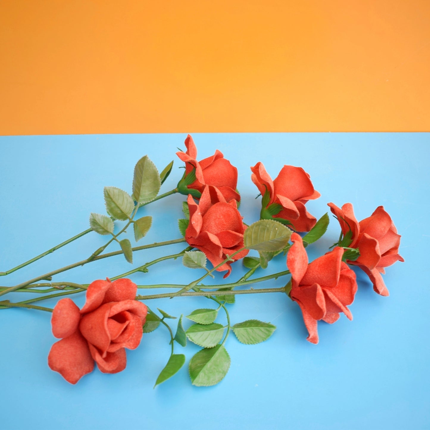 Vintage 1970s Flocked Faux Red Roses Bunch