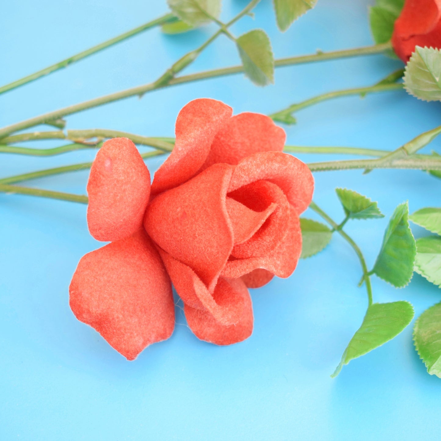 Vintage 1970s Flocked Faux Red Roses Bunch