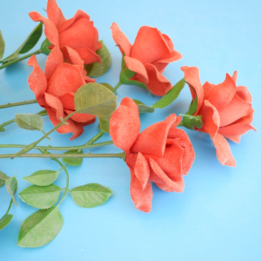 Vintage 1970s Flocked Faux Red Roses Bunch