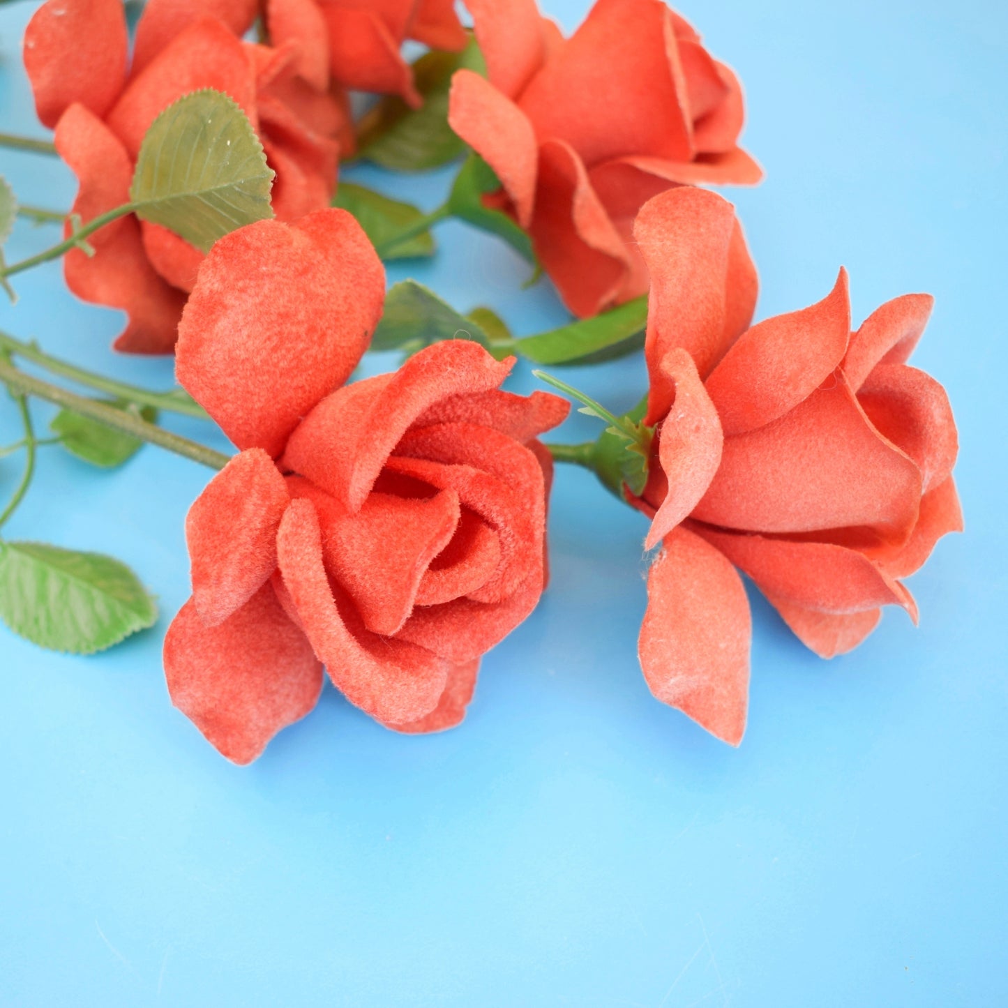 Vintage 1970s Flocked Faux Red Roses Bunch