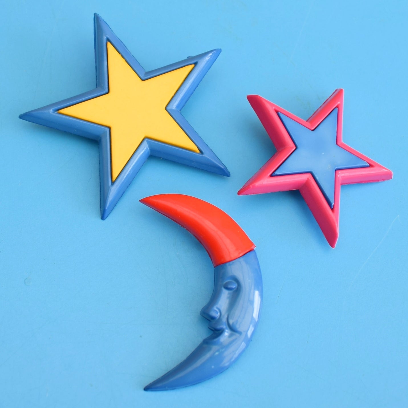 Vintage 1980s Plastic Brooches - Stars & Moon by Vintage