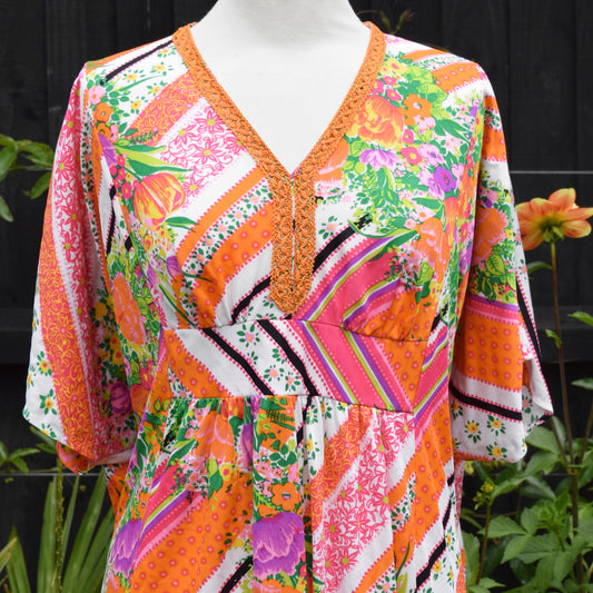 Vintage 1960s Handmade Kaftan - Flo Pink/ Orange