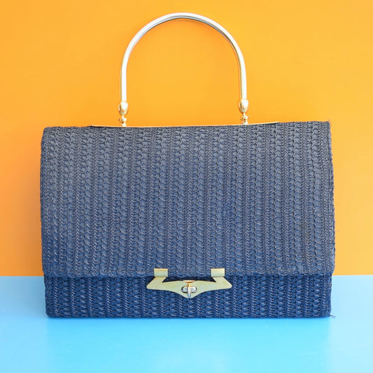 Vintage 1960s Woven Rafia Large Hand Bag - Navy/ Gold