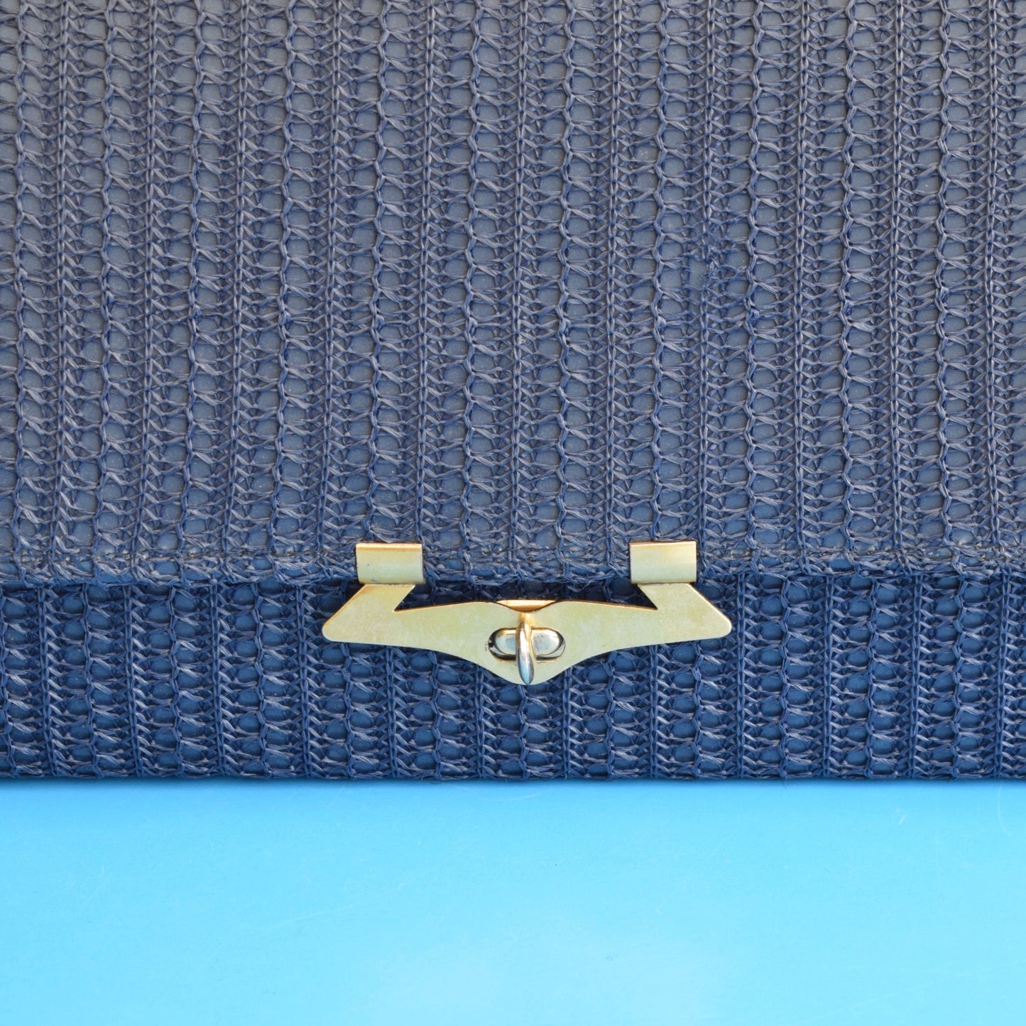 Vintage 1960s Woven Rafia Large Hand Bag - Navy/ Gold