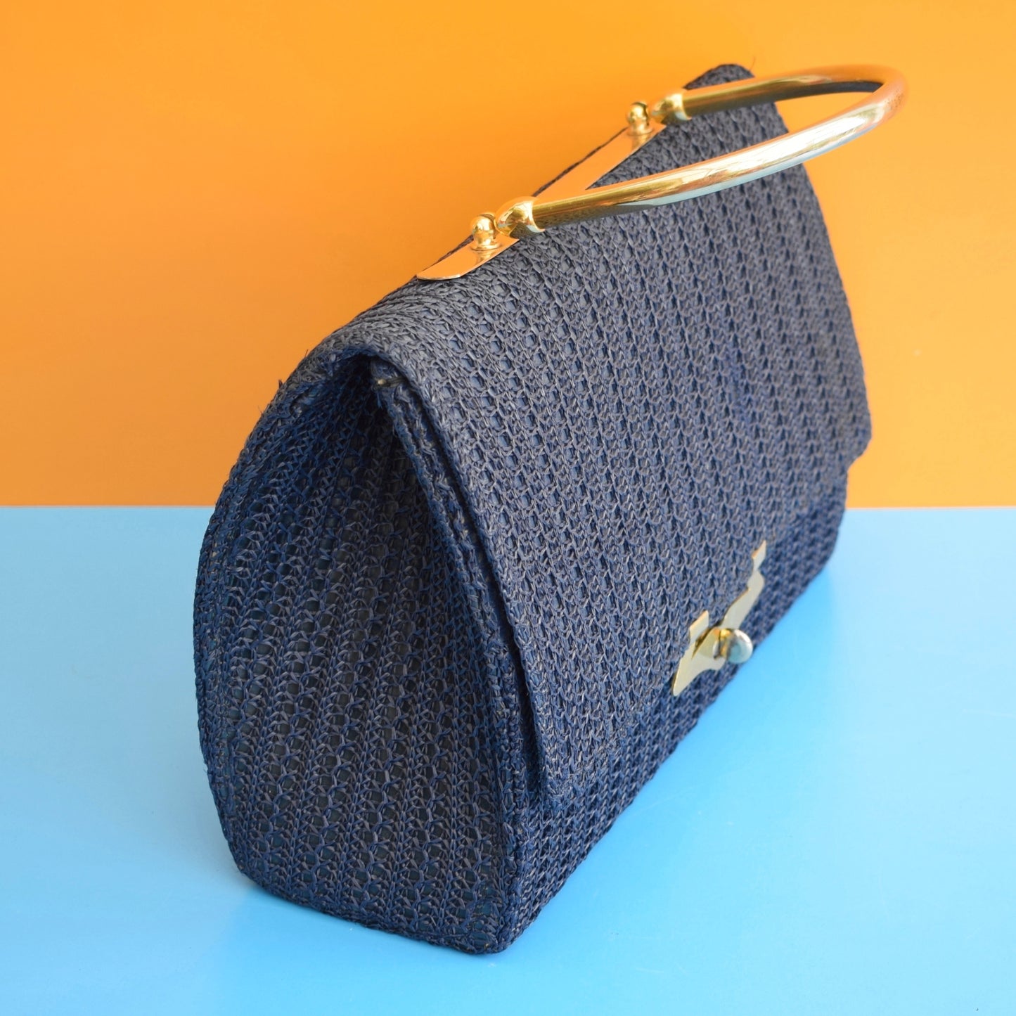 Vintage 1960s Woven Rafia Large Hand Bag - Navy/ Gold
