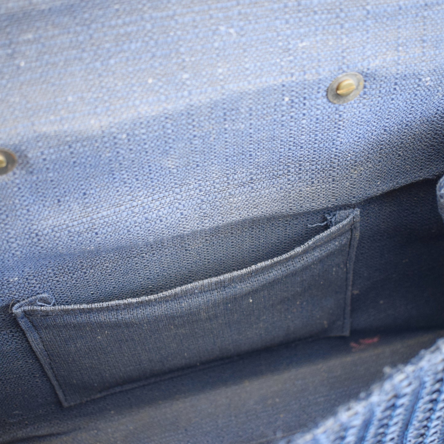 Vintage 1960s Woven Rafia Large Hand Bag - Navy/ Gold