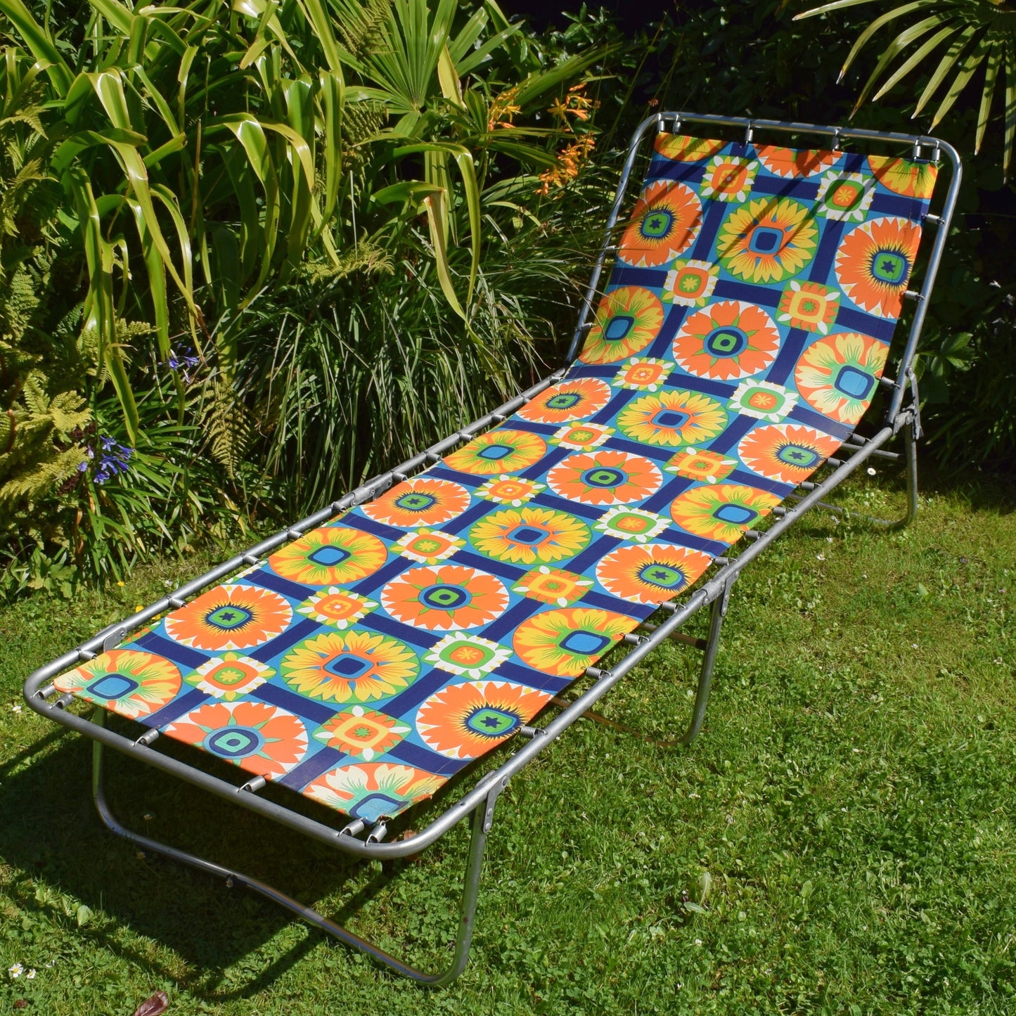Vintage 1970s Garden Sun Lounger - Blue & Orange Flowers