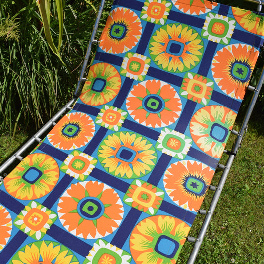 Vintage 1970s Garden Sun Lounger - Blue & Orange Flowers