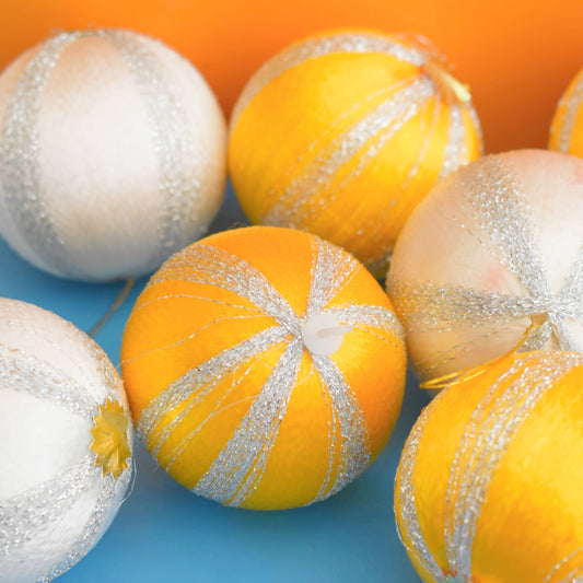 Vintage 1970s Satin Christmas Baubles - Yellow/ Cream & Metalic x8