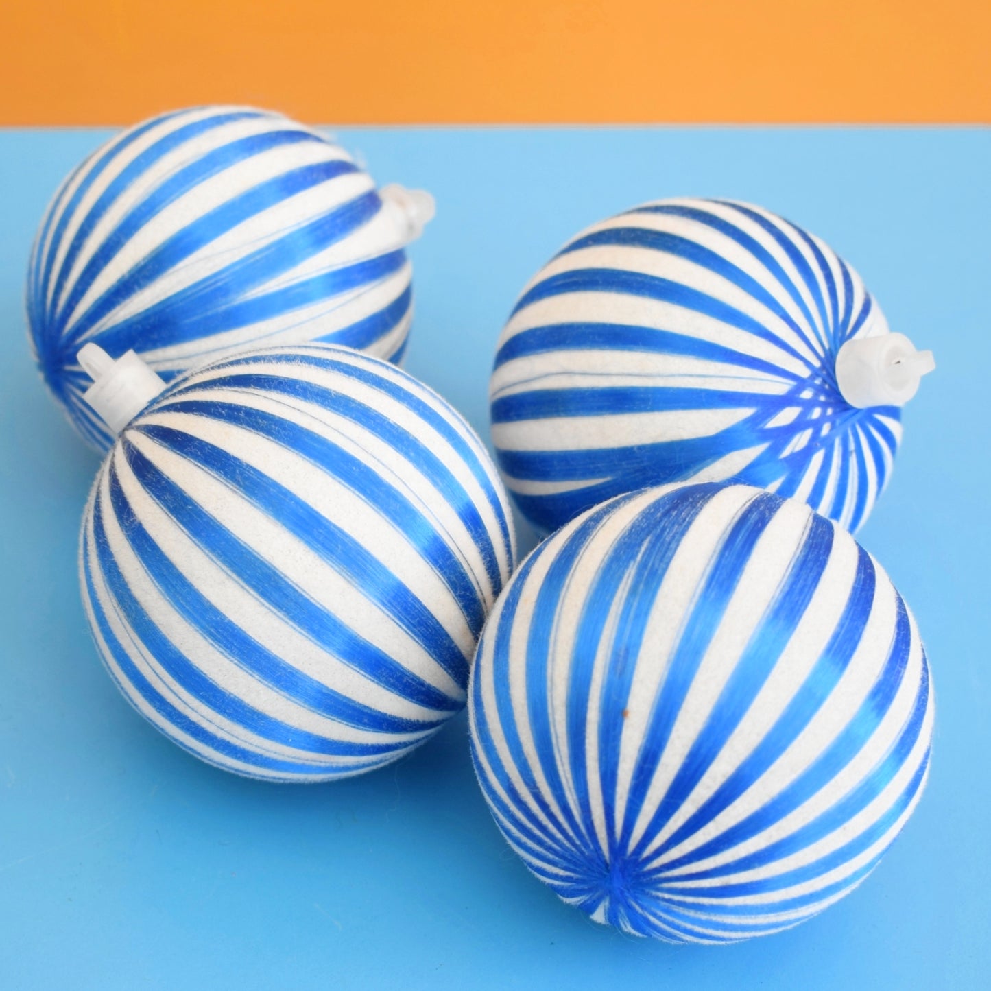 Vintage 1970s Satin Christmas Baubles - Blue Humbugs x4
