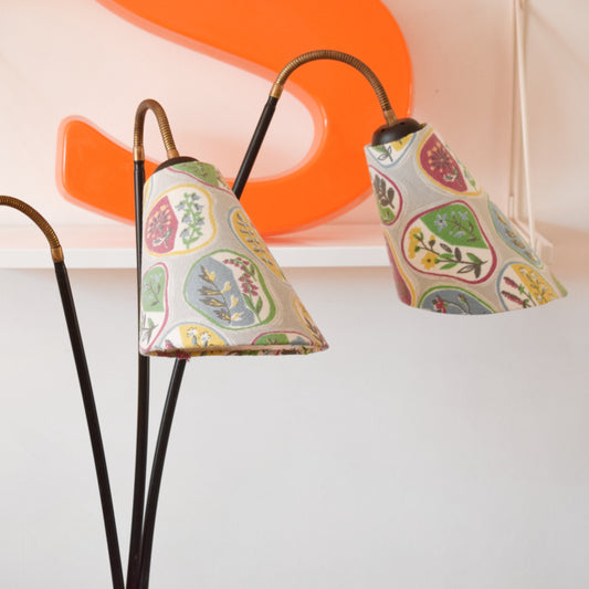 Vintage 1950s Metal Branch Floor Lamp - Fabric Shades