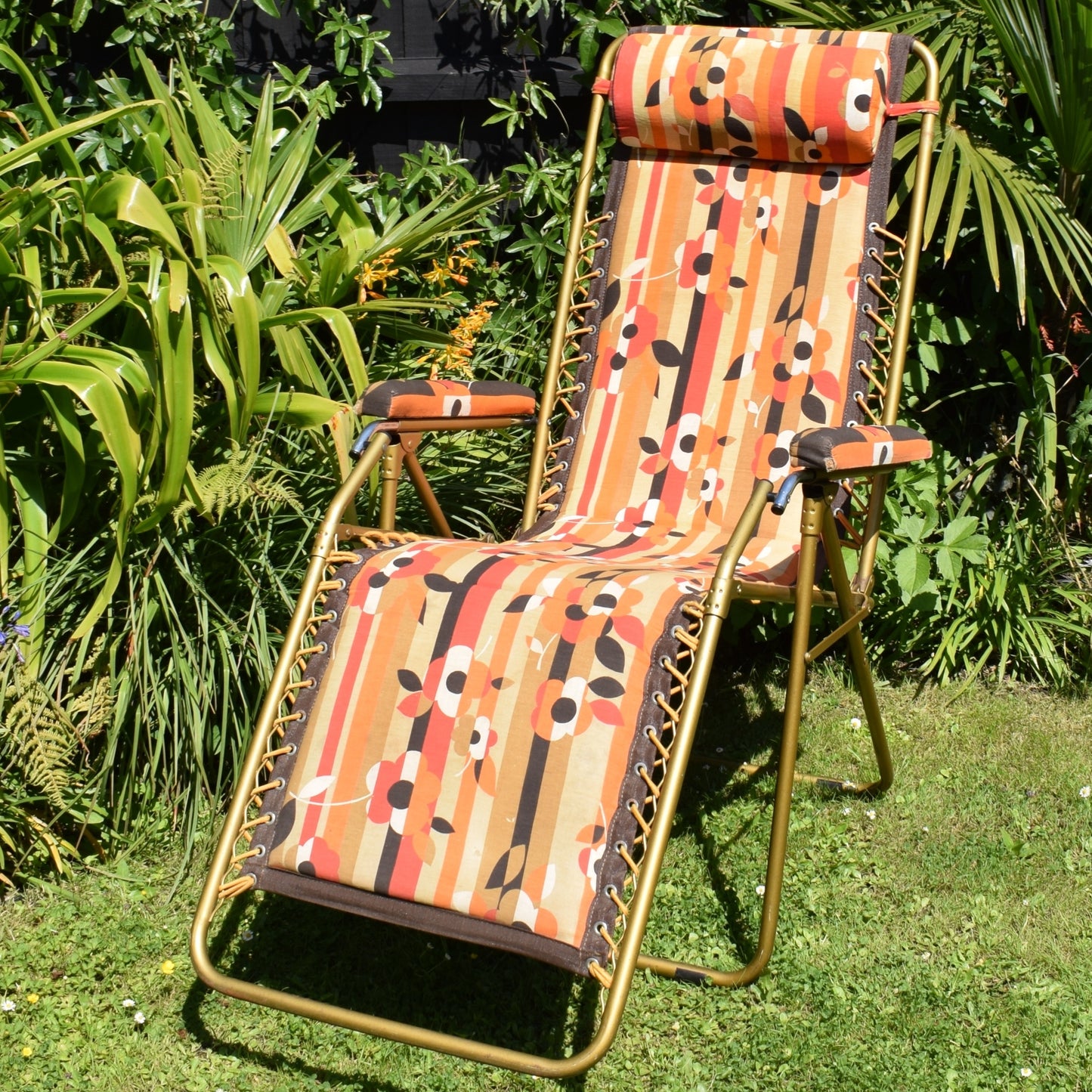 Vintage 1970s French Reclining Garden Lounger Chair - Orange & Brown