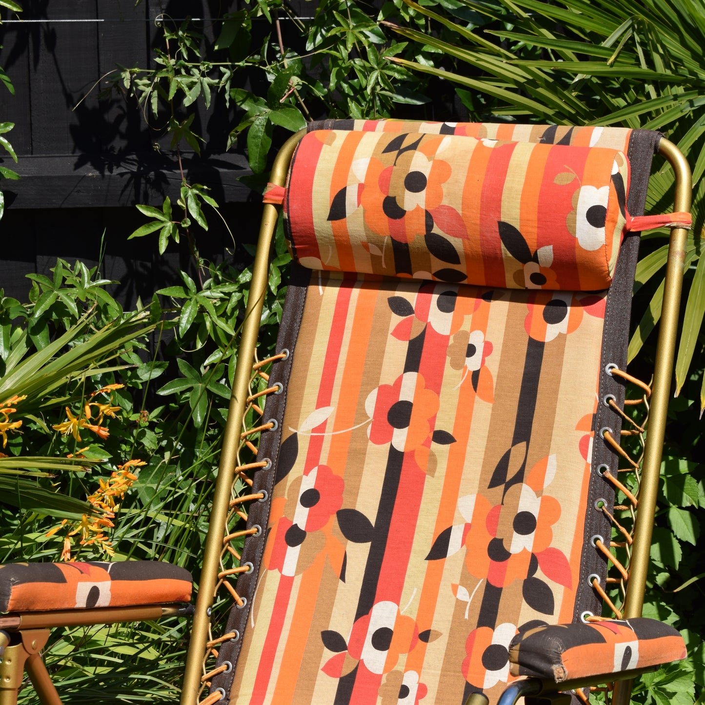 Vintage 1970s French Reclining Garden Lounger Chair - Orange & Brown