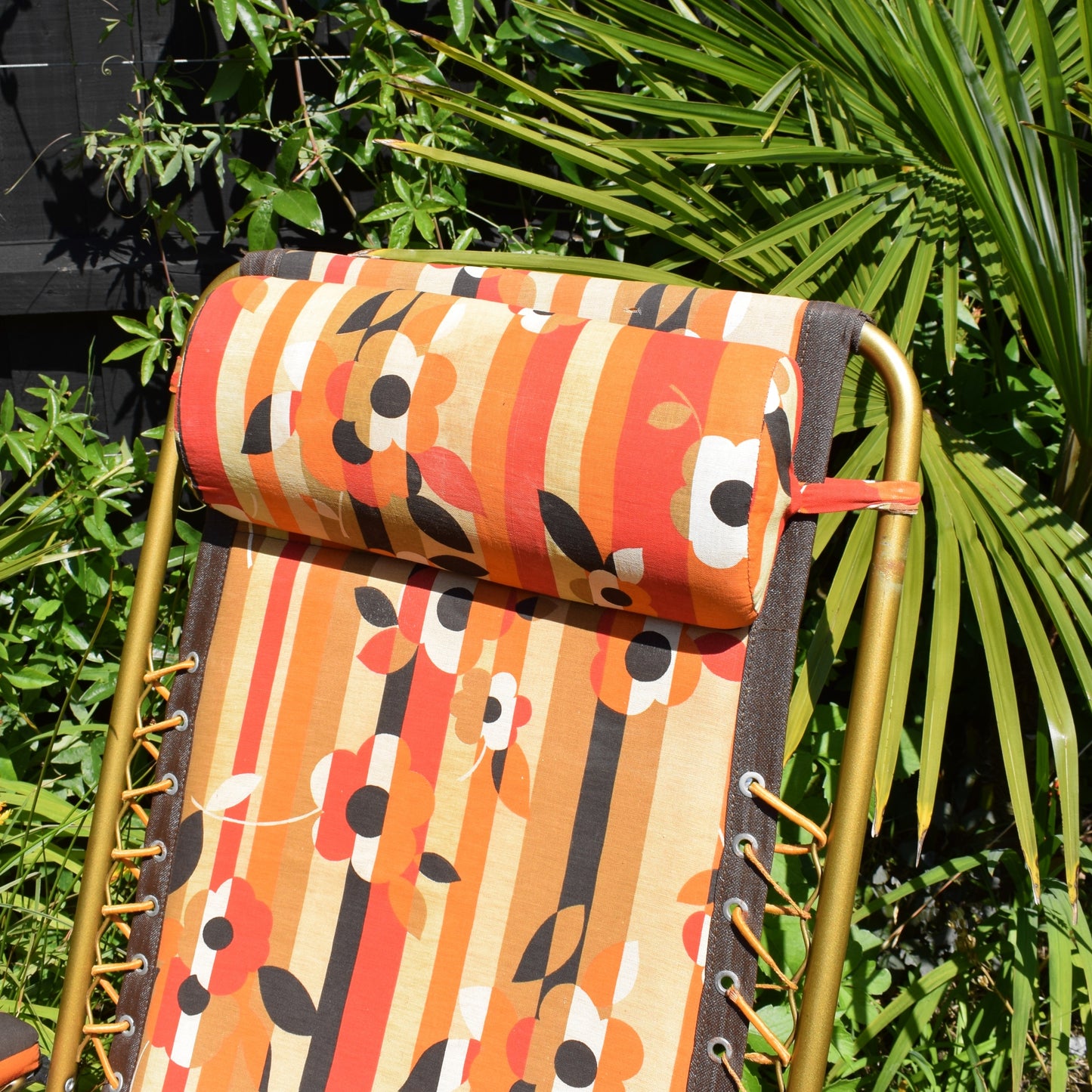 Vintage 1970s French Reclining Garden Lounger Chair - Orange & Brown